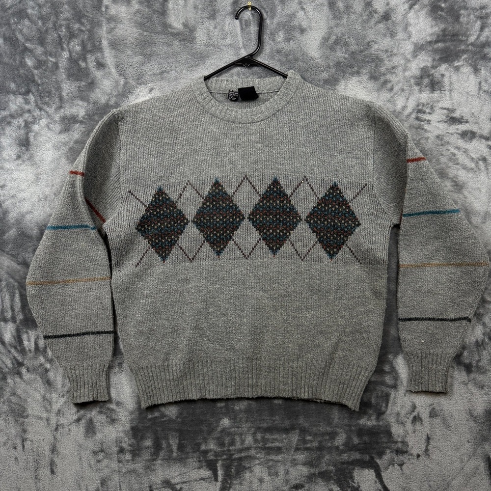 Kennington Sweater Mens XL Gray Argyle Diamond Crewneck Wool Blend Vintage Style